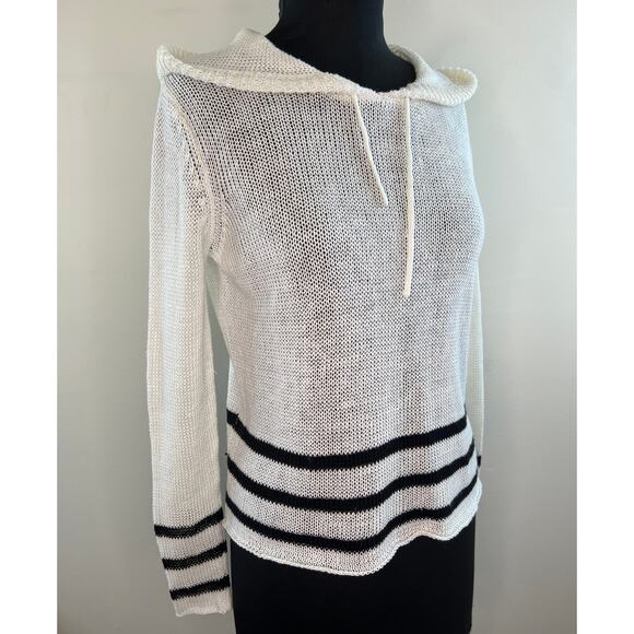360 Sweater Linen Loose Knit White and Black Stripe Pullover Hooded Sweater XS - Picture 2 of 8